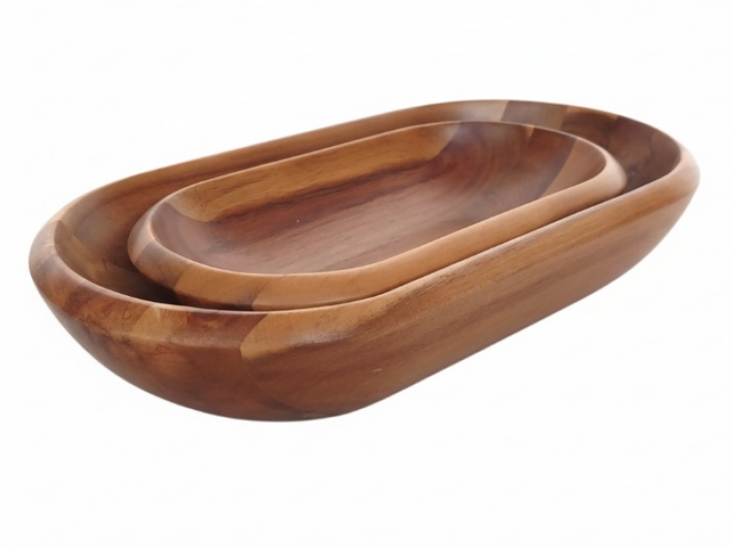 Premium Oval Acacia Wood Serving Bowls - Handcrafted Sustainable Tableware Set